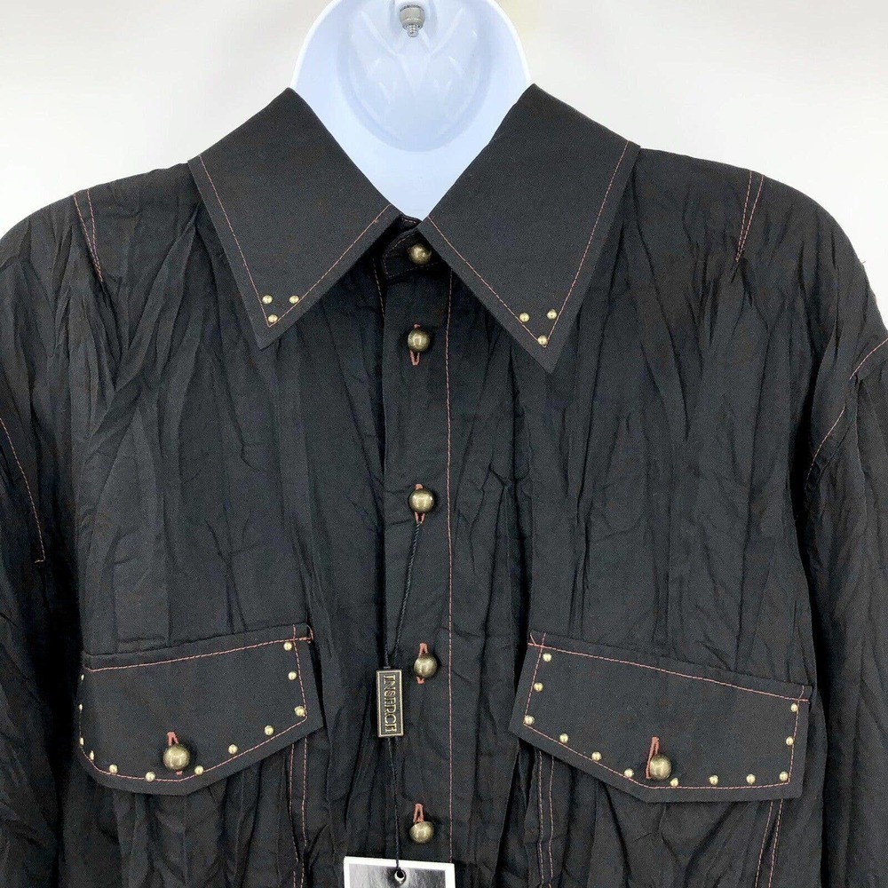 Inserch Men’s Western Crinkle Shirt Size L Black Button Front Beaded Embellished - Picture 4 of 9